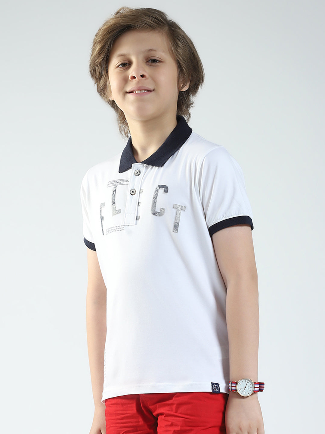 Boys White Printed Collar Half Sleeve T-Shirt