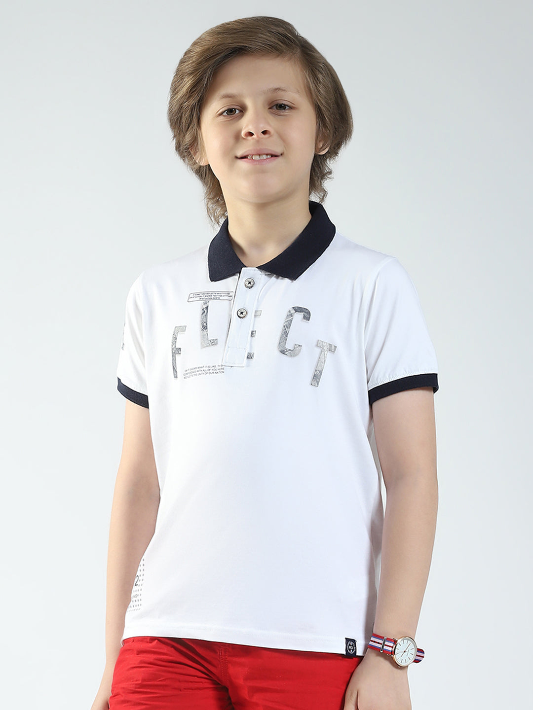 Boys White Printed Collar Half Sleeve T-Shirt