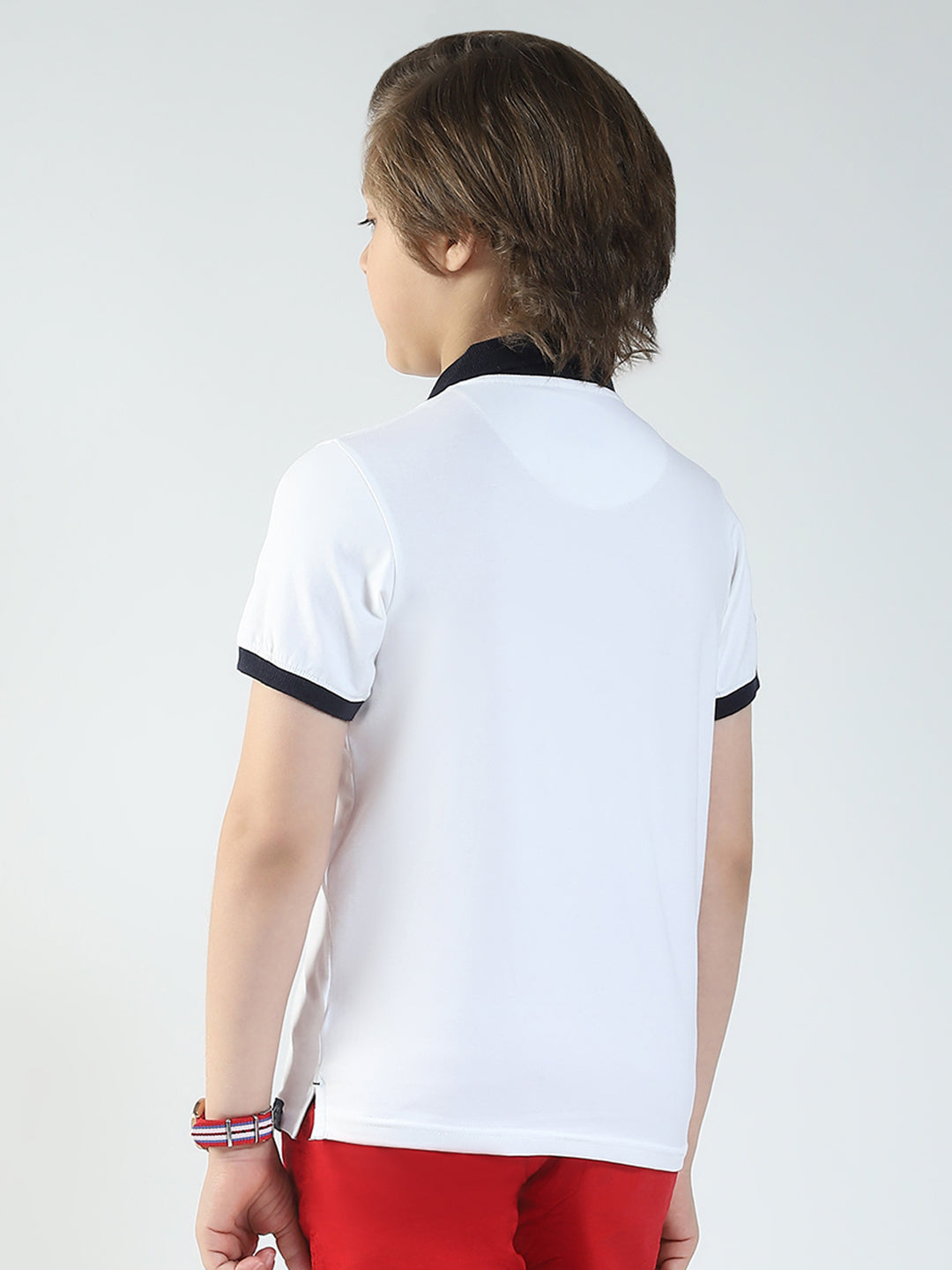 Boys White Printed Collar Half Sleeve T-Shirt