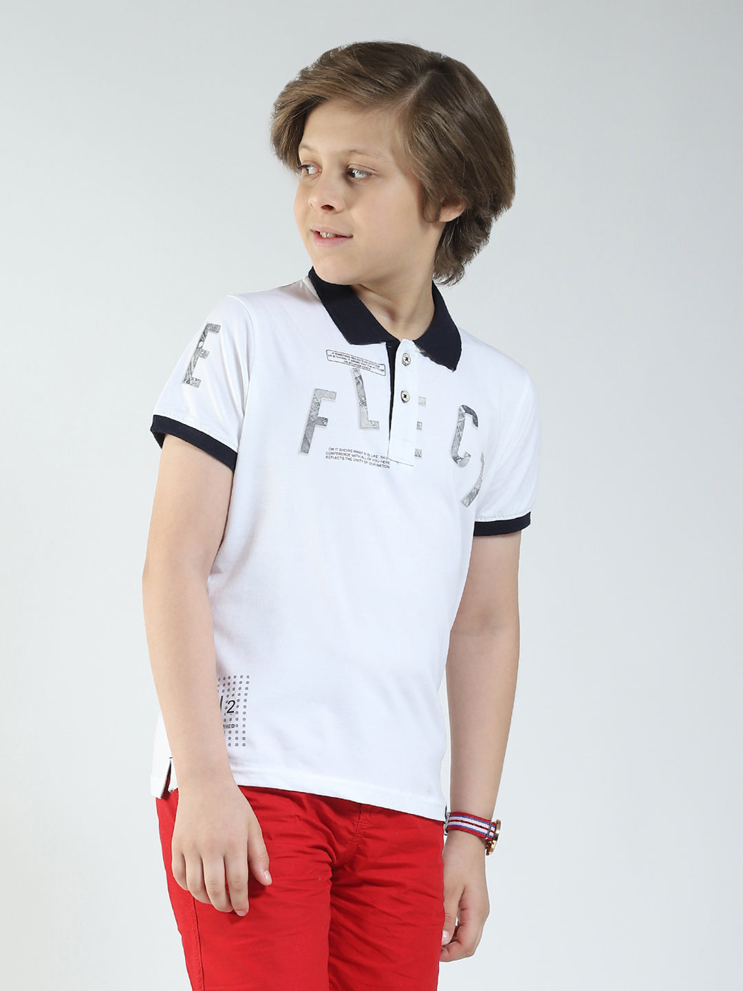 Boys White Printed Collar Half Sleeve T-Shirt