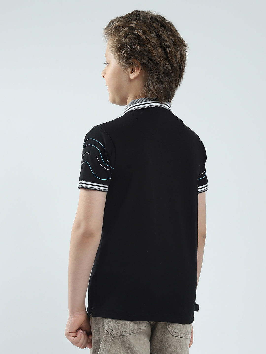 Boys Black Printed Collar Half Sleeve T-Shirt