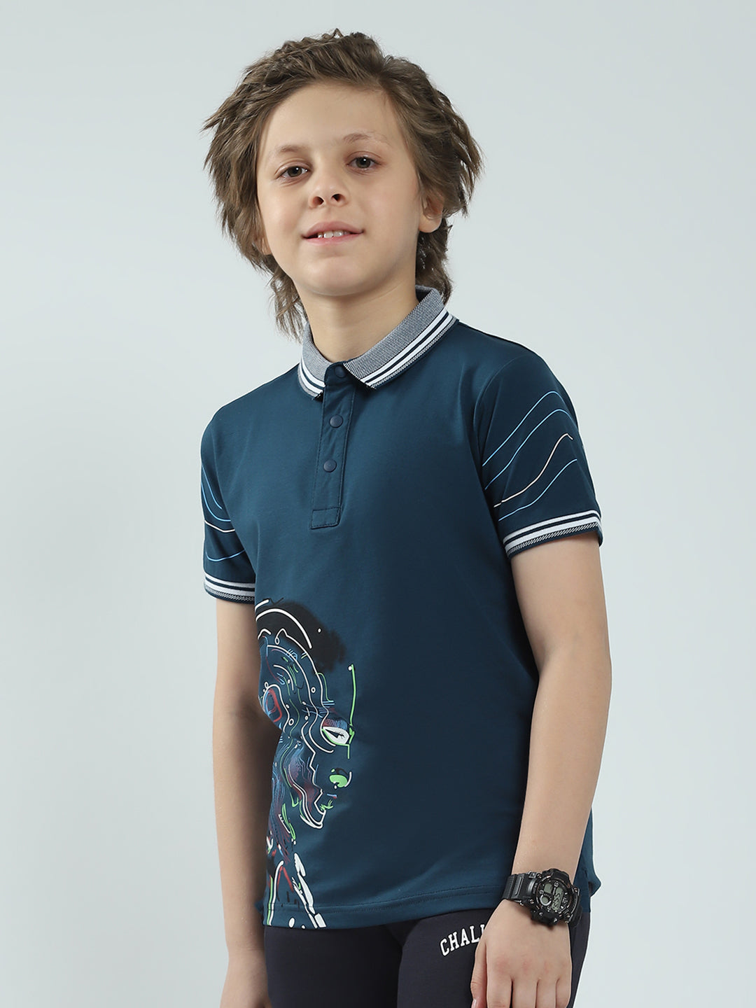 Boys Teal Blue Printed Collar Half Sleeve T-Shirt