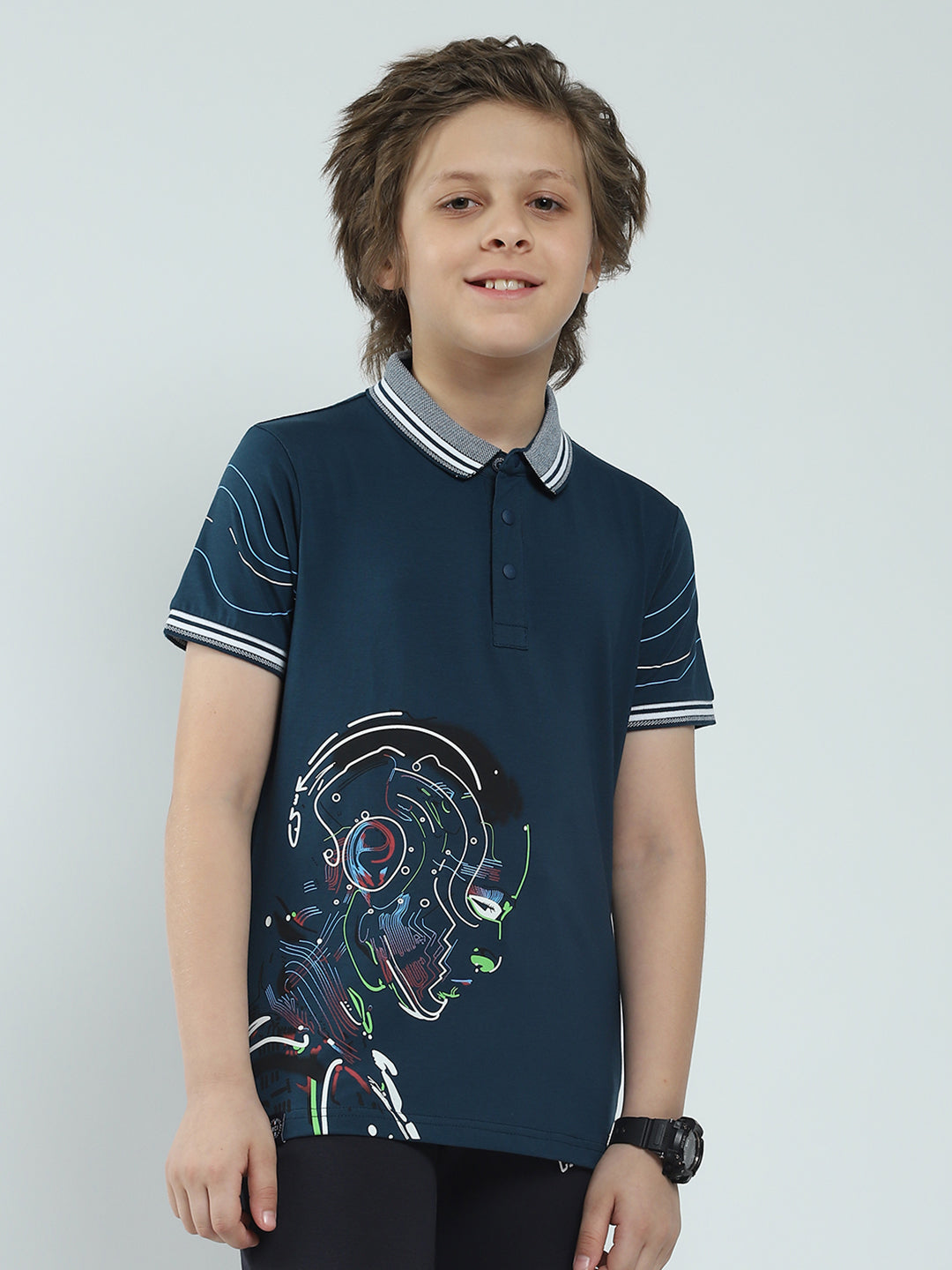 Boys Teal Blue Printed Collar Half Sleeve T-Shirt