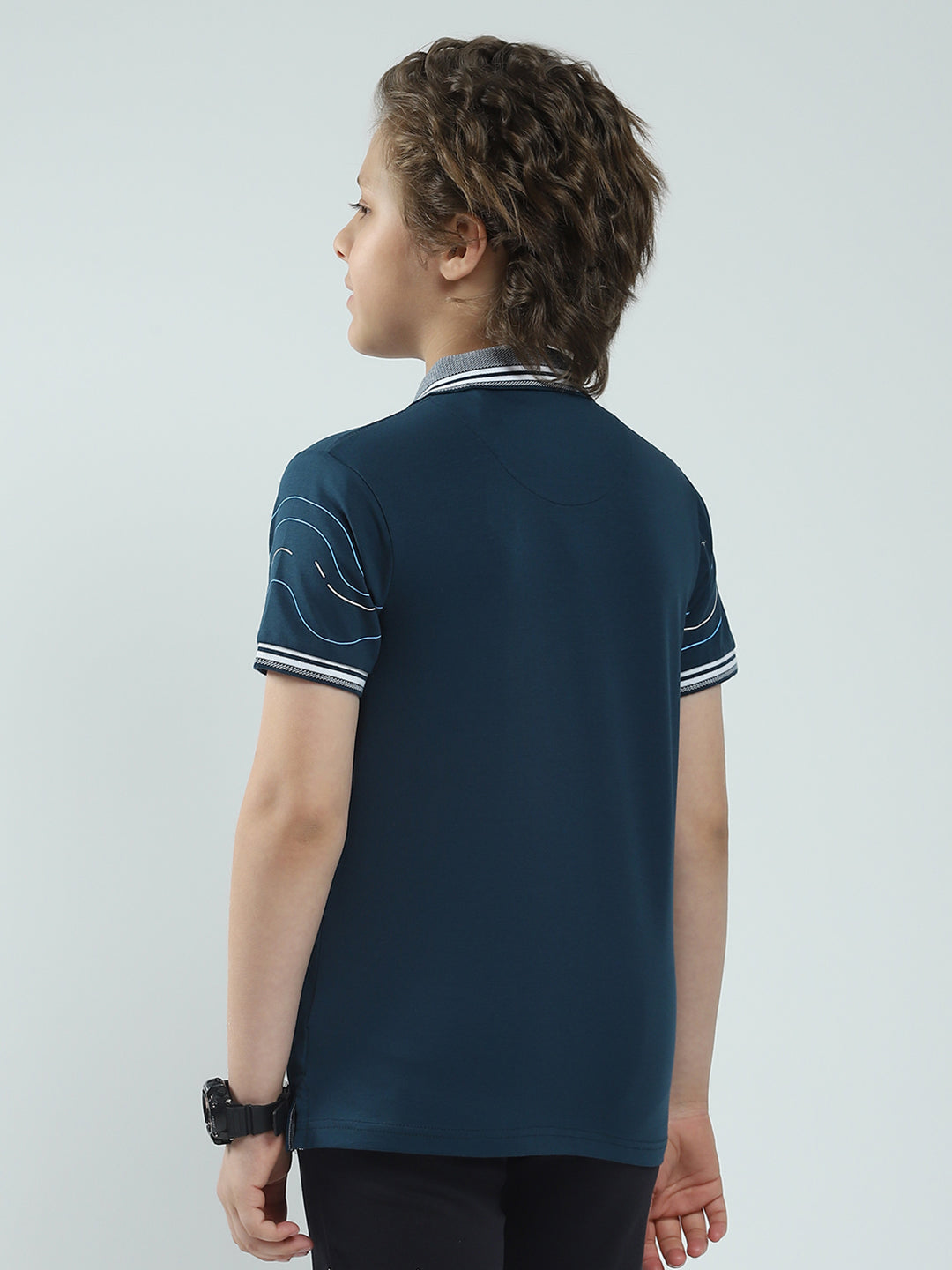 Boys Teal Blue Printed Collar Half Sleeve T-Shirt