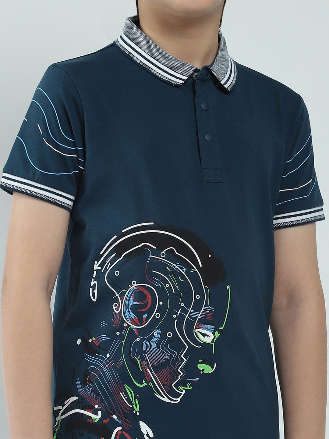 Boys Teal Blue Printed Collar Half Sleeve T-Shirt