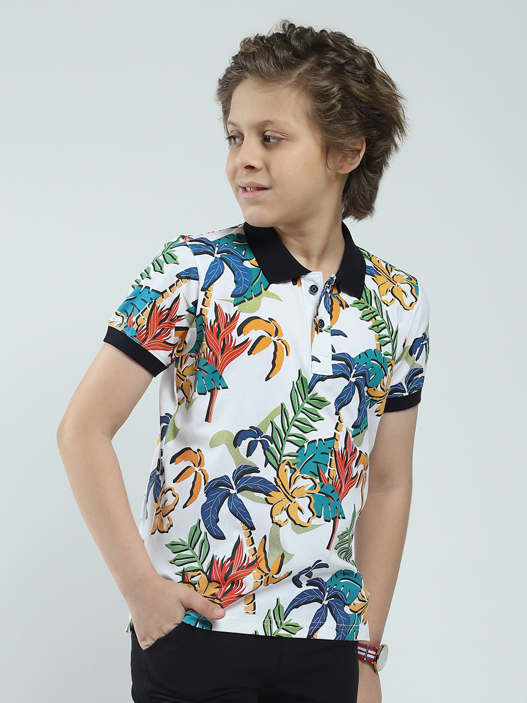 Boys White Printed Collar Half Sleeve T-Shirt