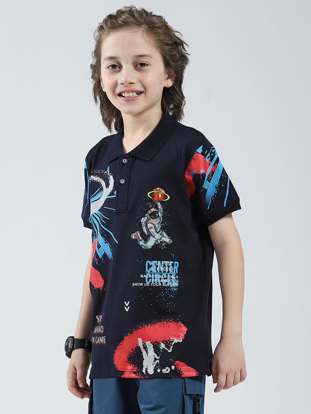 Boys Navy Blue Printed Collar Half Sleeve T-Shirt