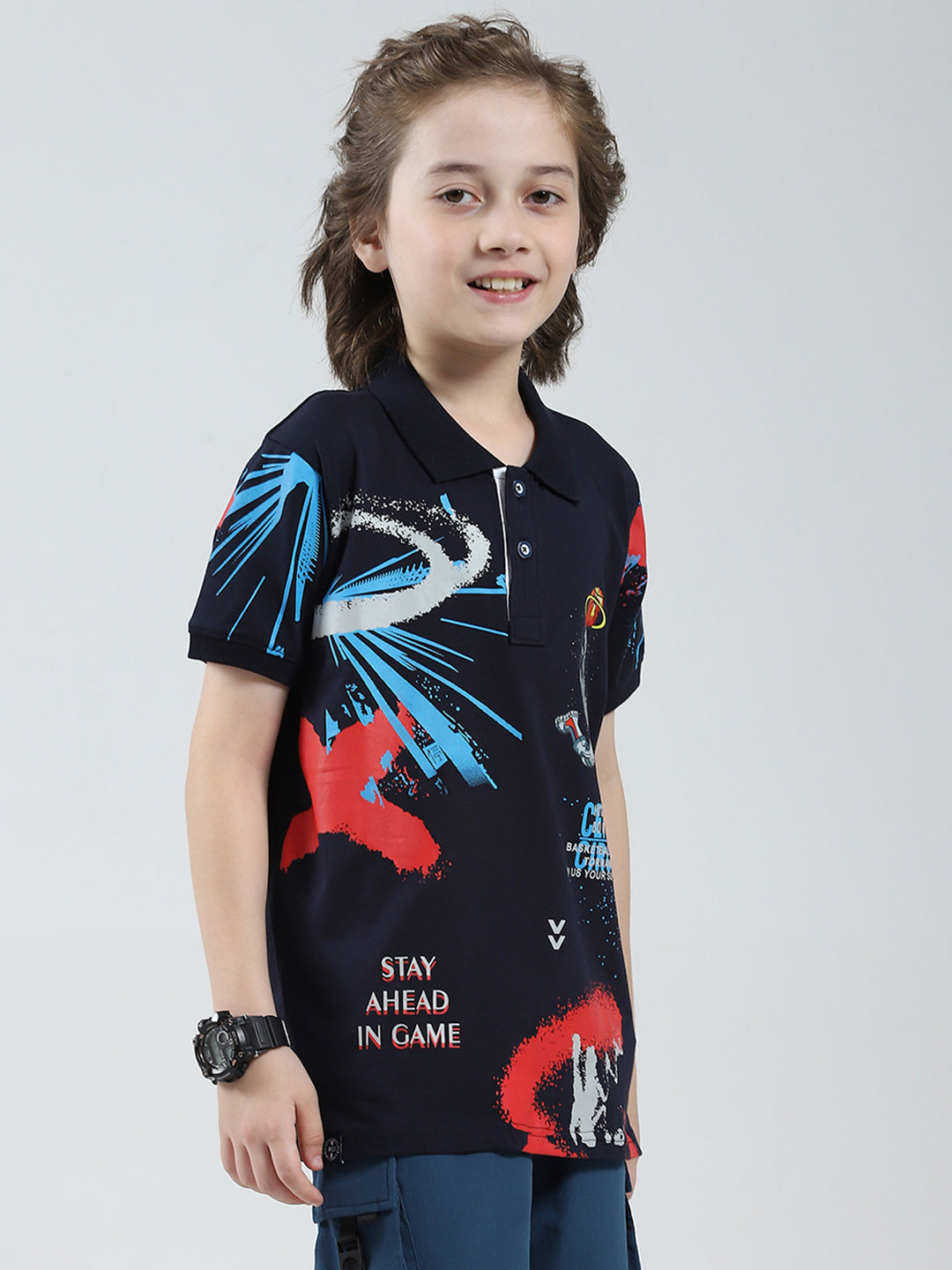Boys Navy Blue Printed Collar Half Sleeve T-Shirt
