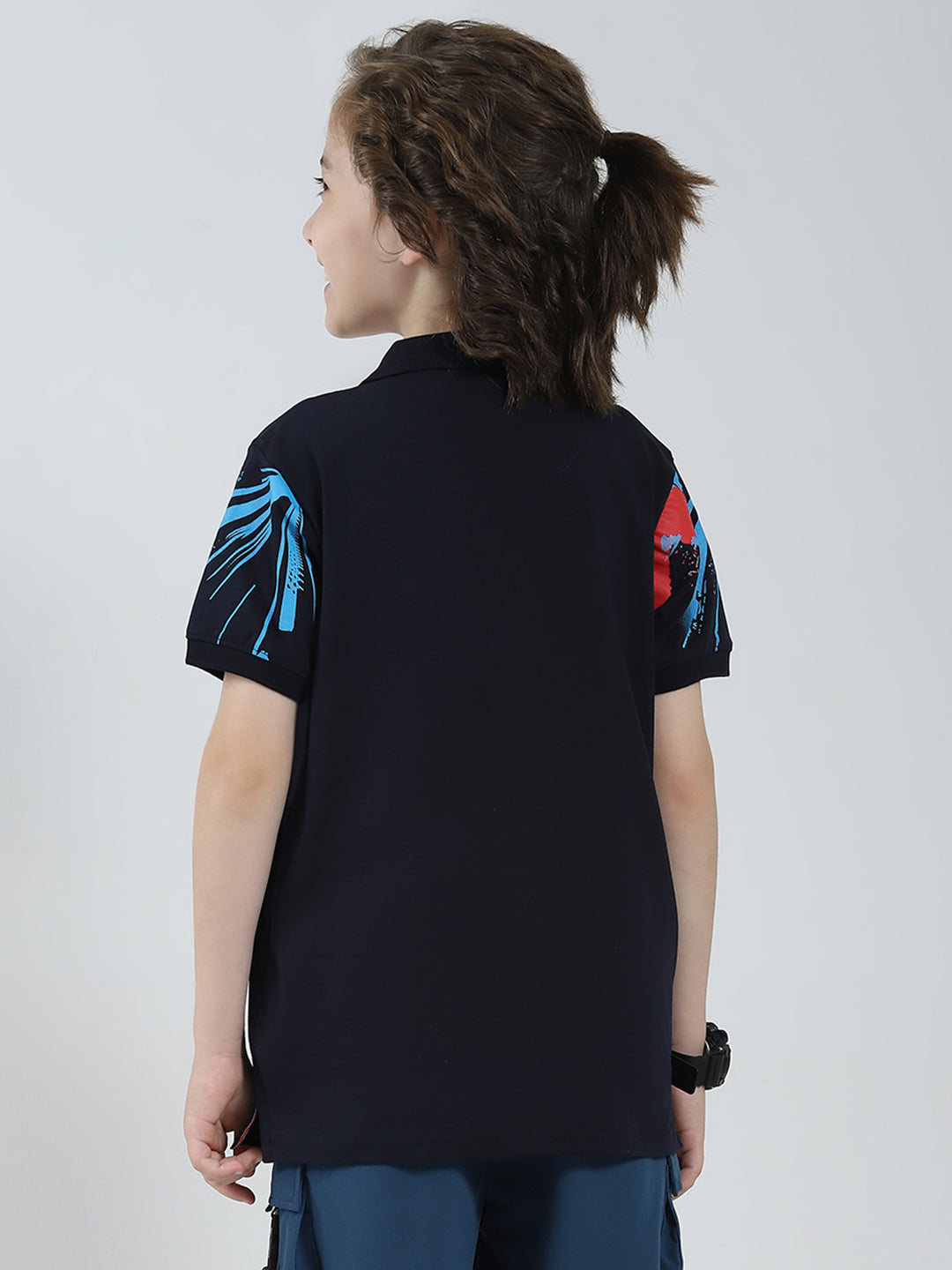 Boys Navy Blue Printed Collar Half Sleeve T-Shirt