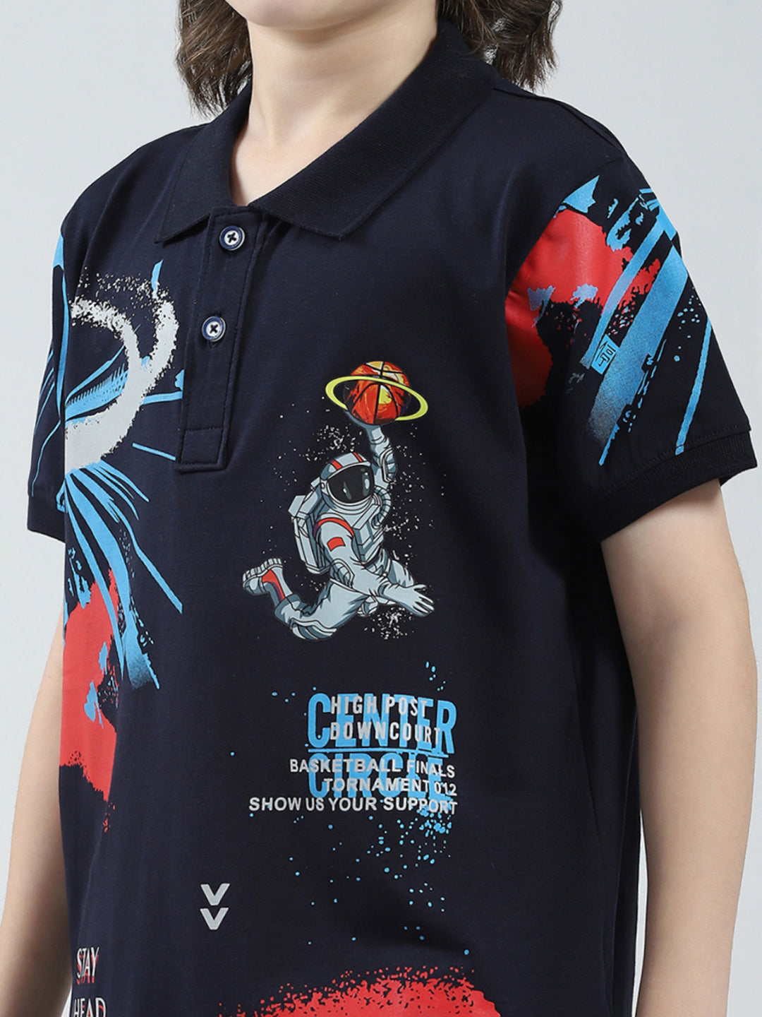 Boys Navy Blue Printed Collar Half Sleeve T-Shirt