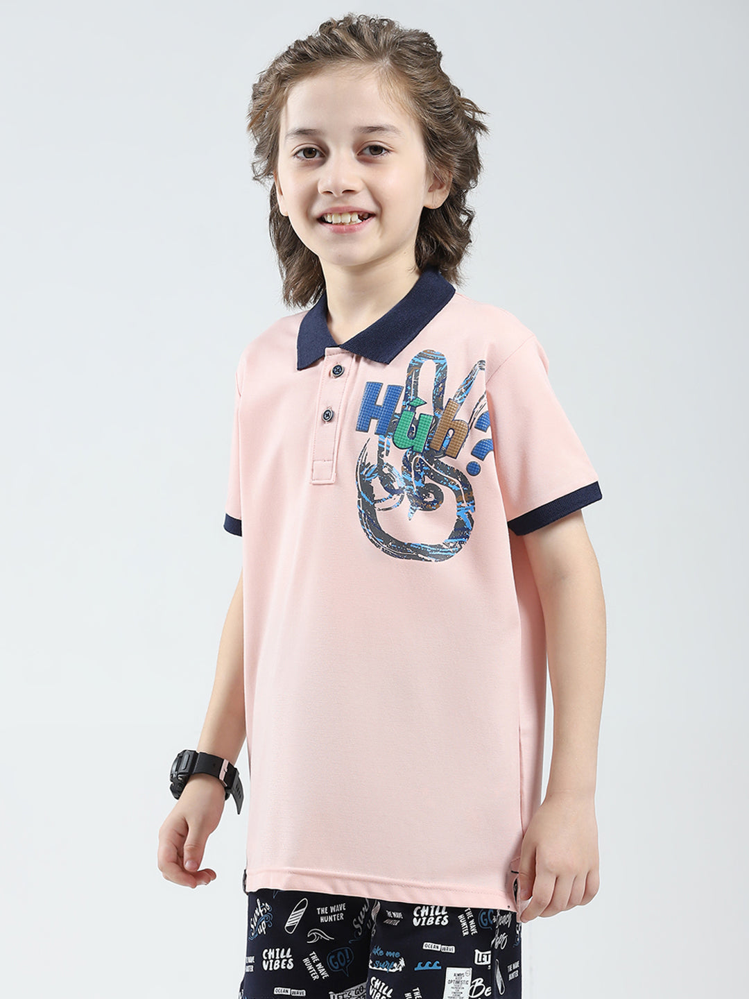 Boys Pink Printed Collar Half Sleeve T-Shirt