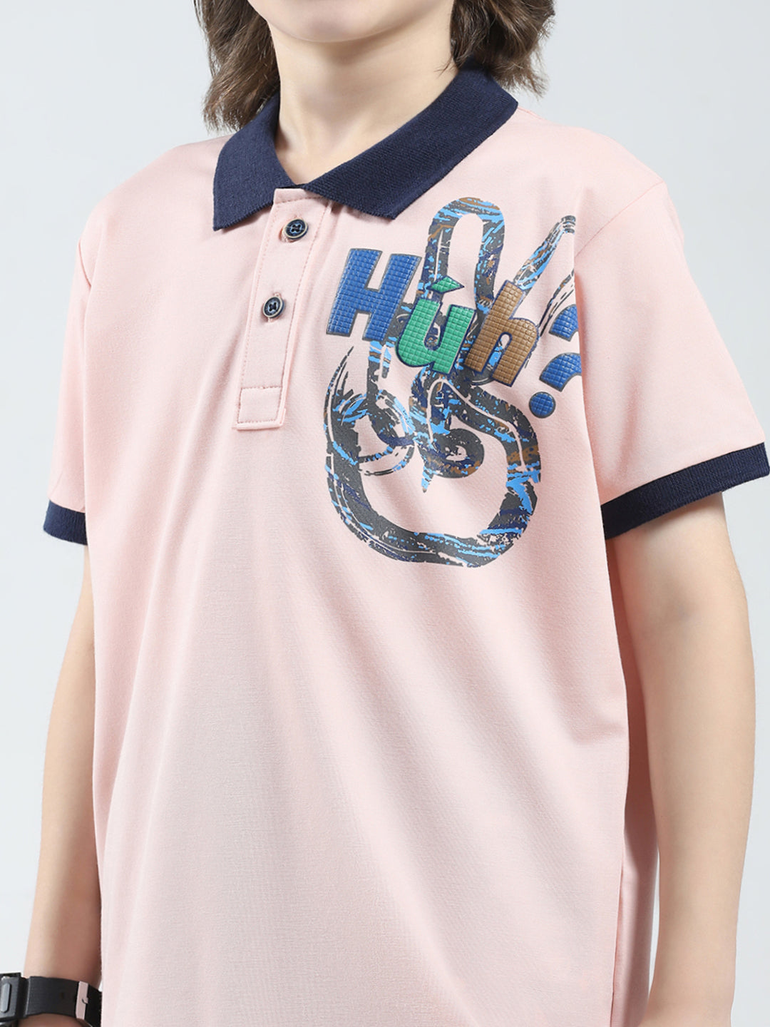 Boys Pink Printed Collar Half Sleeve T-Shirt