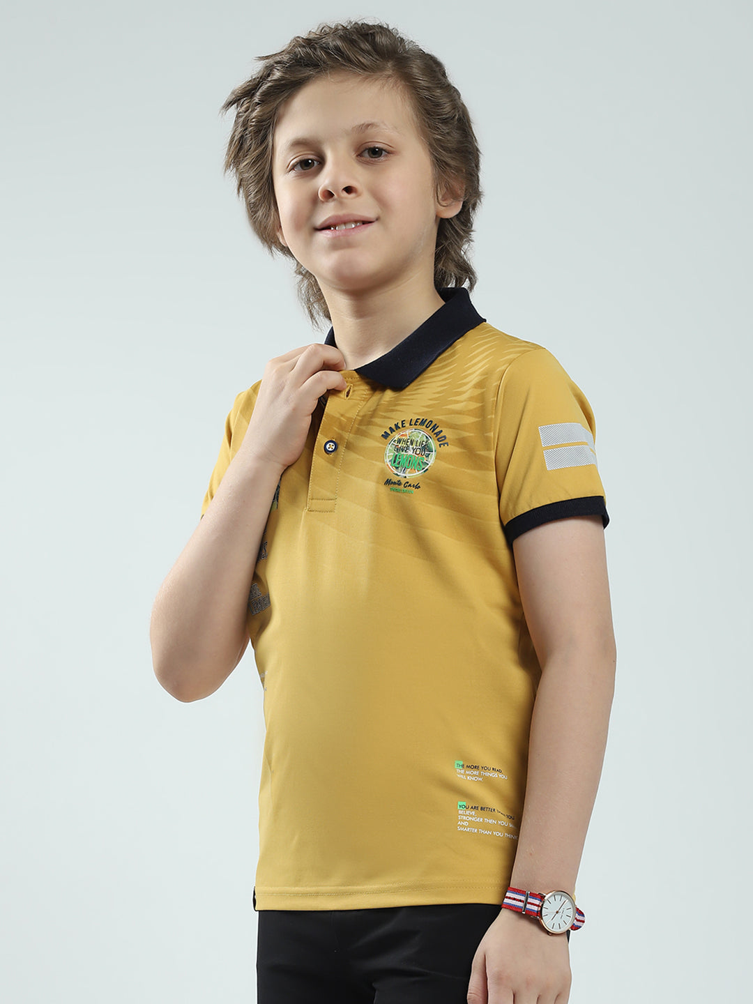 Boys Mustard Printed Collar Half Sleeve T-Shirt