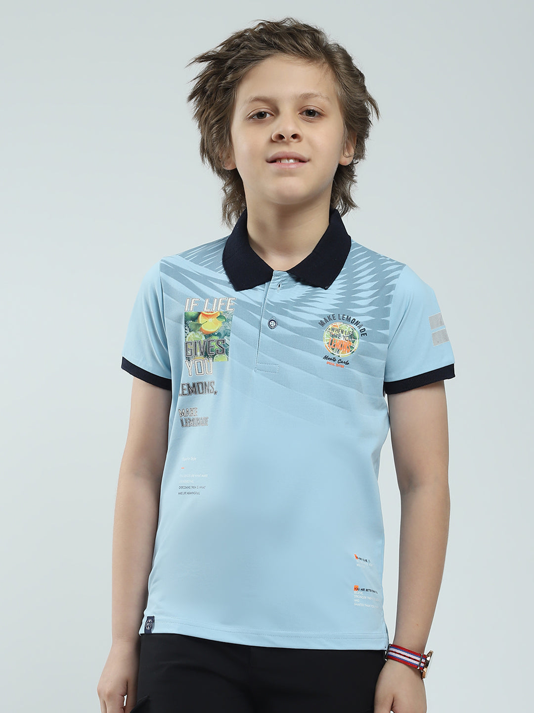 Boys Blue Printed Collar Half Sleeve T-Shirt