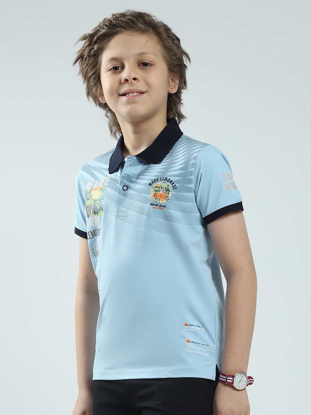 Boys Blue Printed Collar Half Sleeve T-Shirt