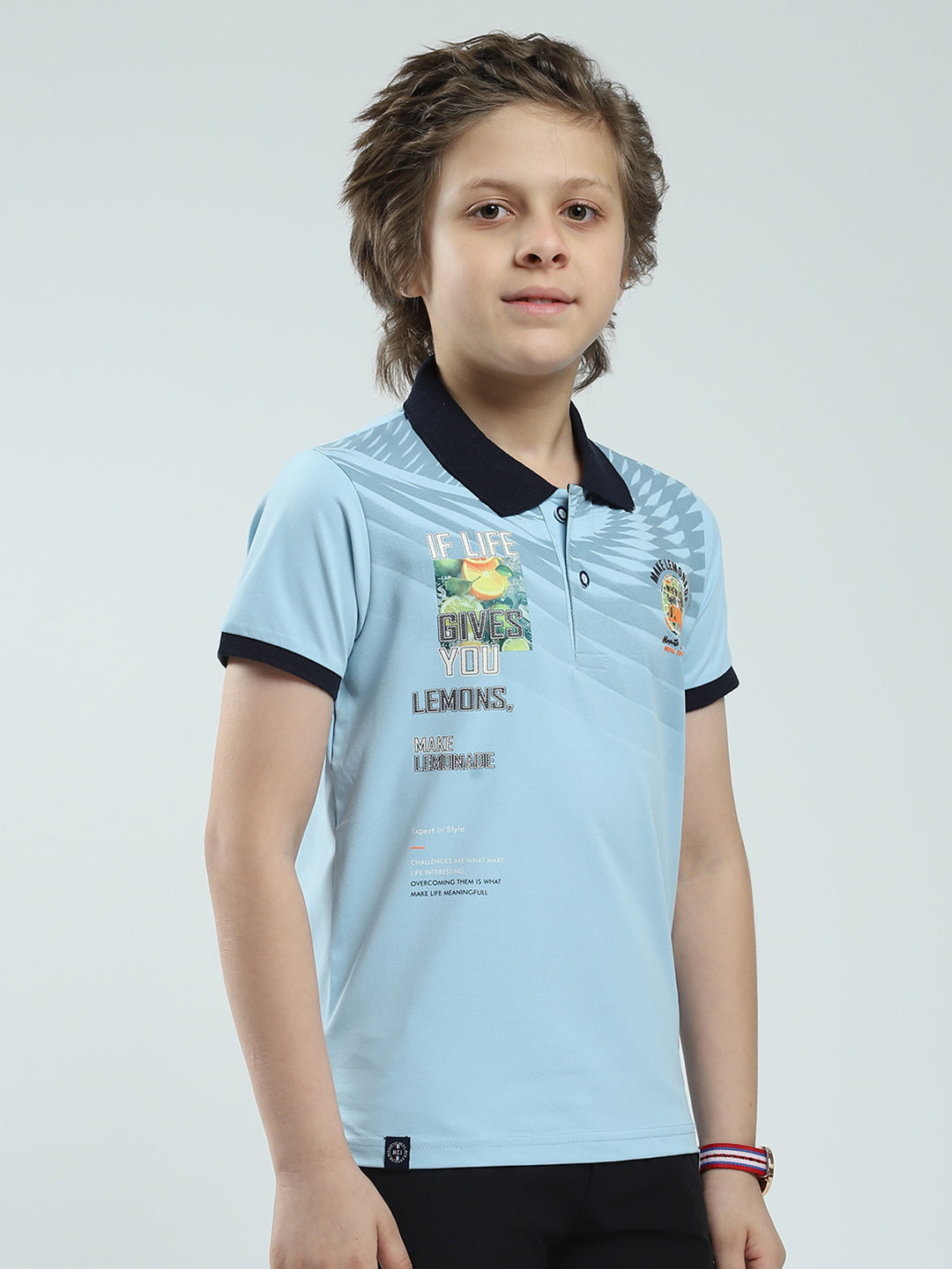Boys Blue Printed Collar Half Sleeve T-Shirt