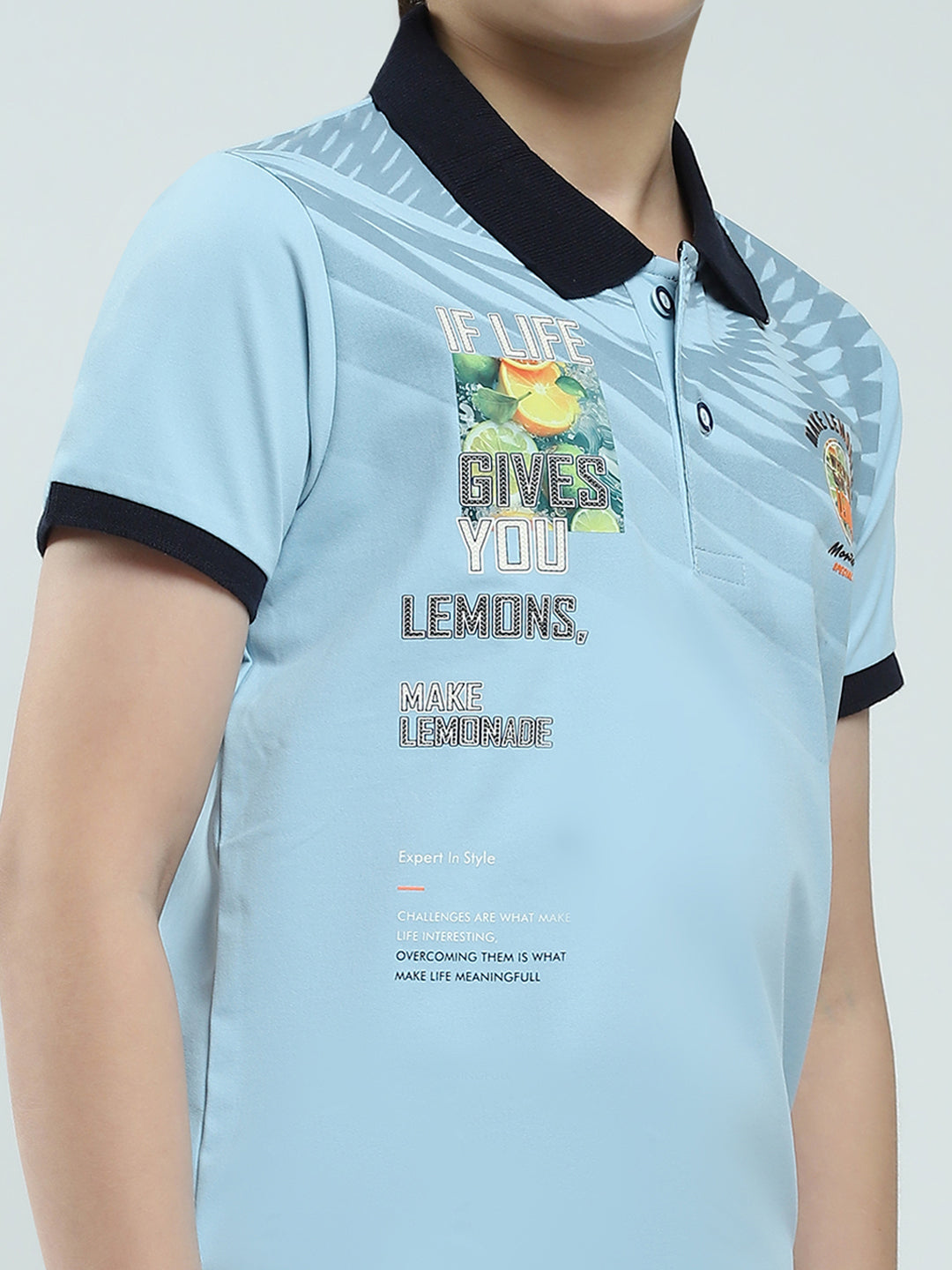 Boys Blue Printed Collar Half Sleeve T-Shirt