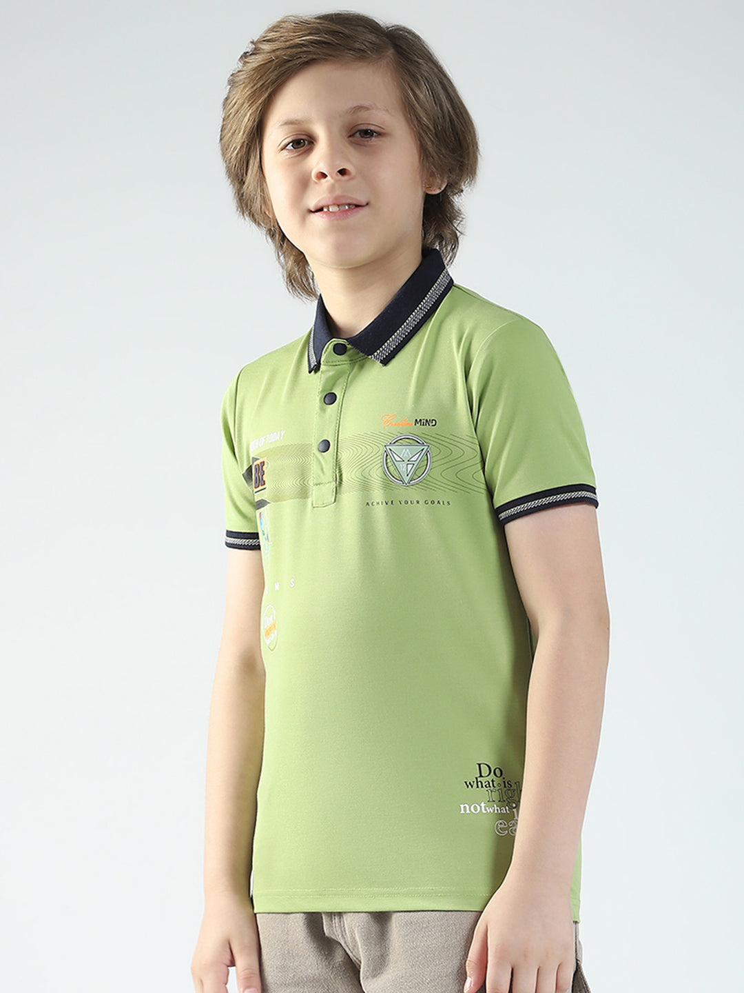 Boys Green Printed Collar Half Sleeve T-Shirt