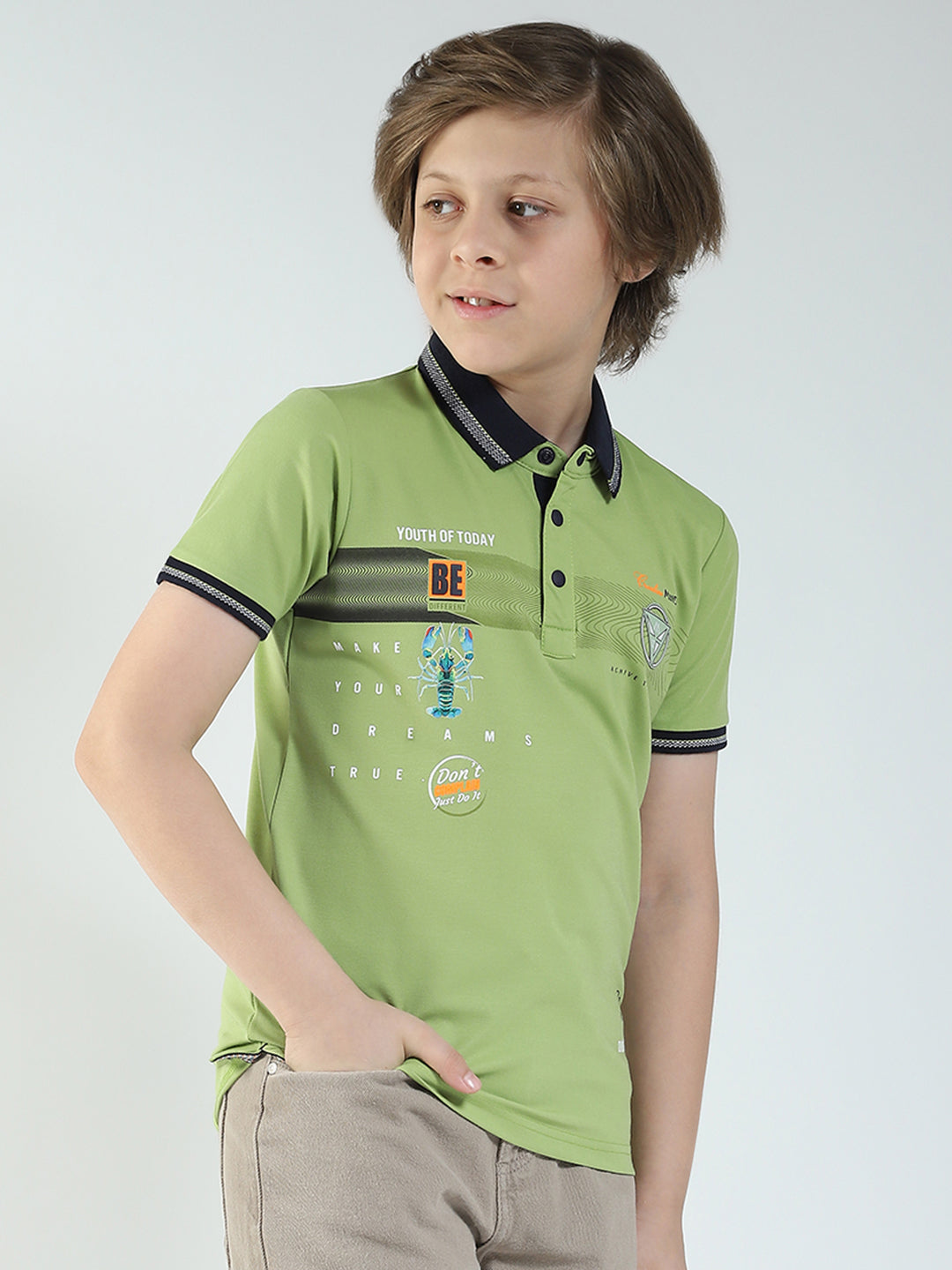 Boys Green Printed Collar Half Sleeve T-Shirt