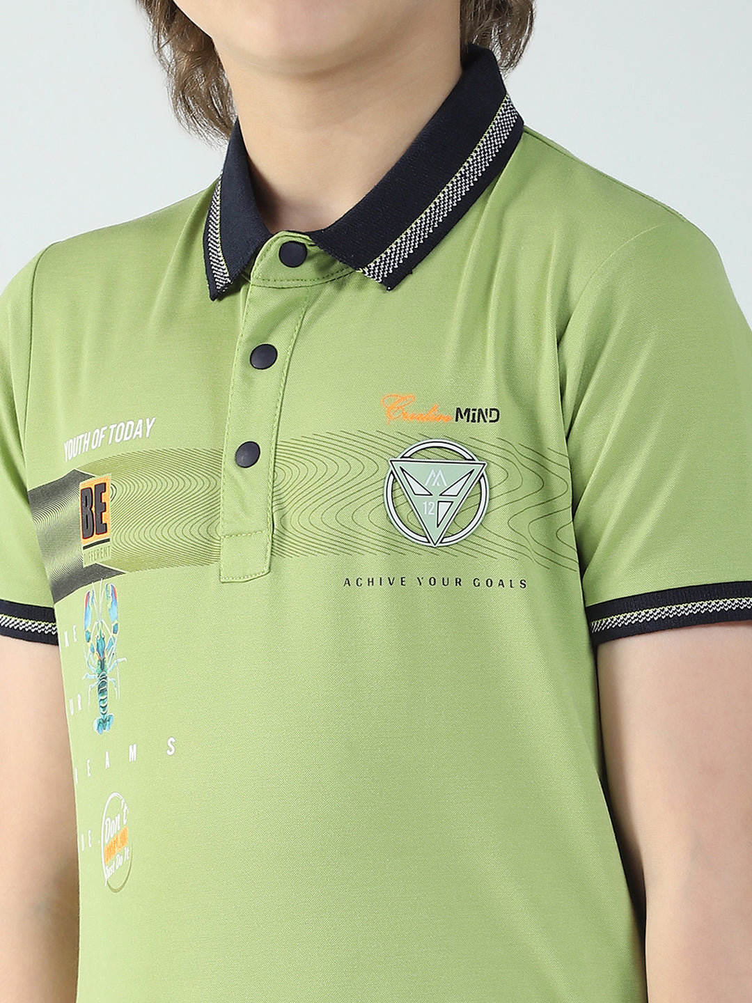 Boys Green Printed Collar Half Sleeve T-Shirt