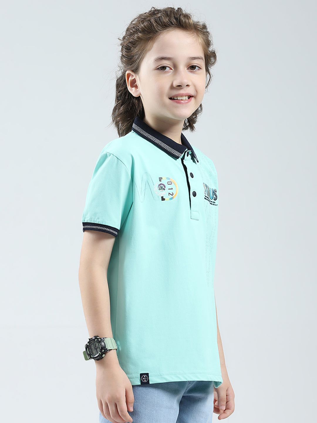Boys Green Printed Collar Half Sleeve T-Shirt