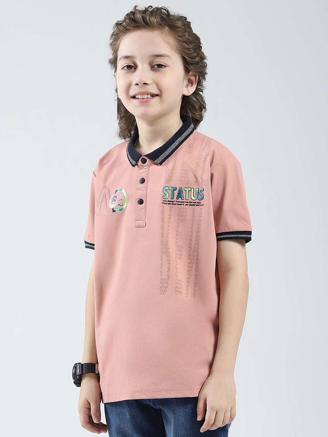Boys Peach Printed Collar Half Sleeve T-Shirt