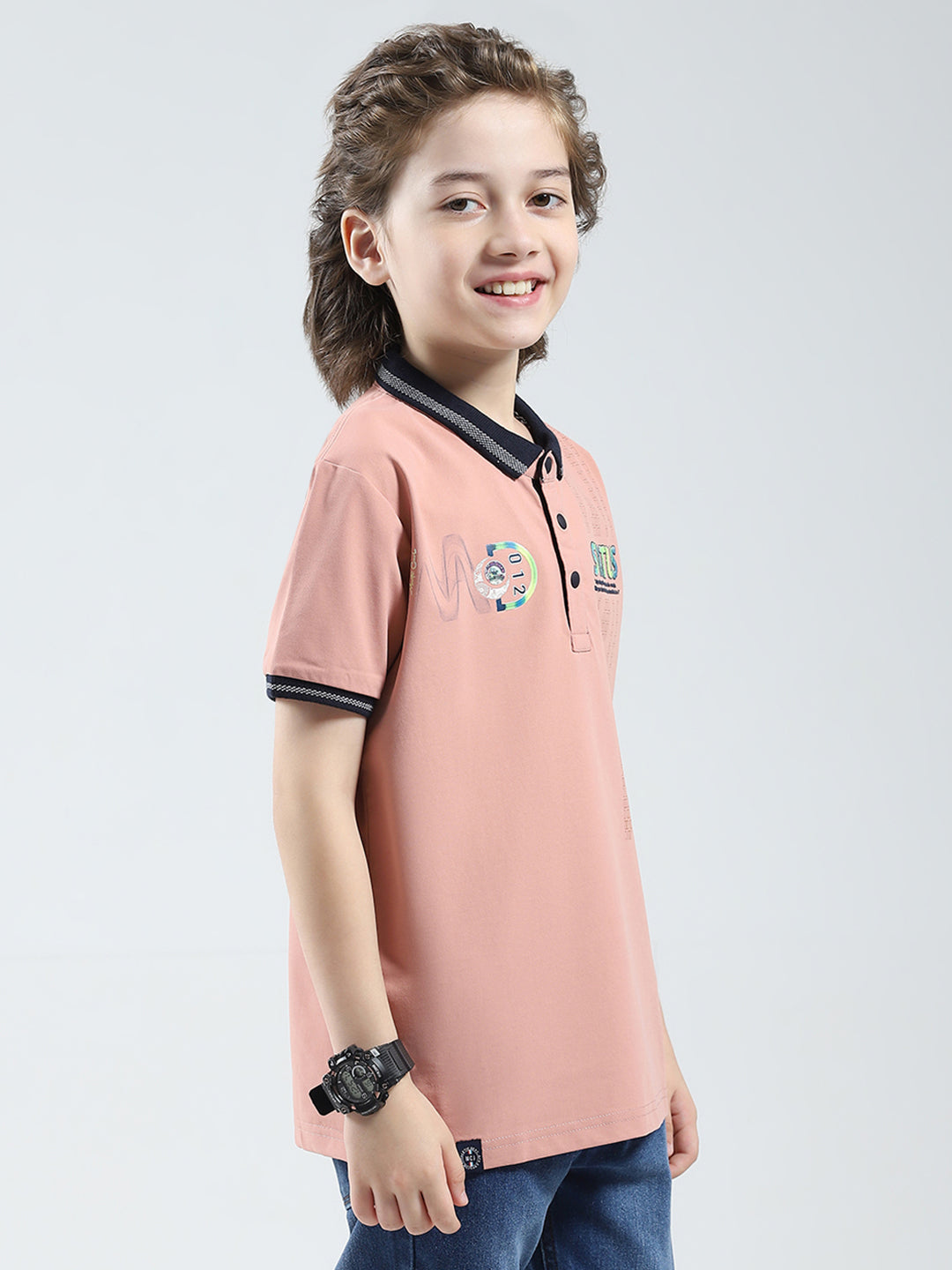 Boys Peach Printed Collar Half Sleeve T-Shirt