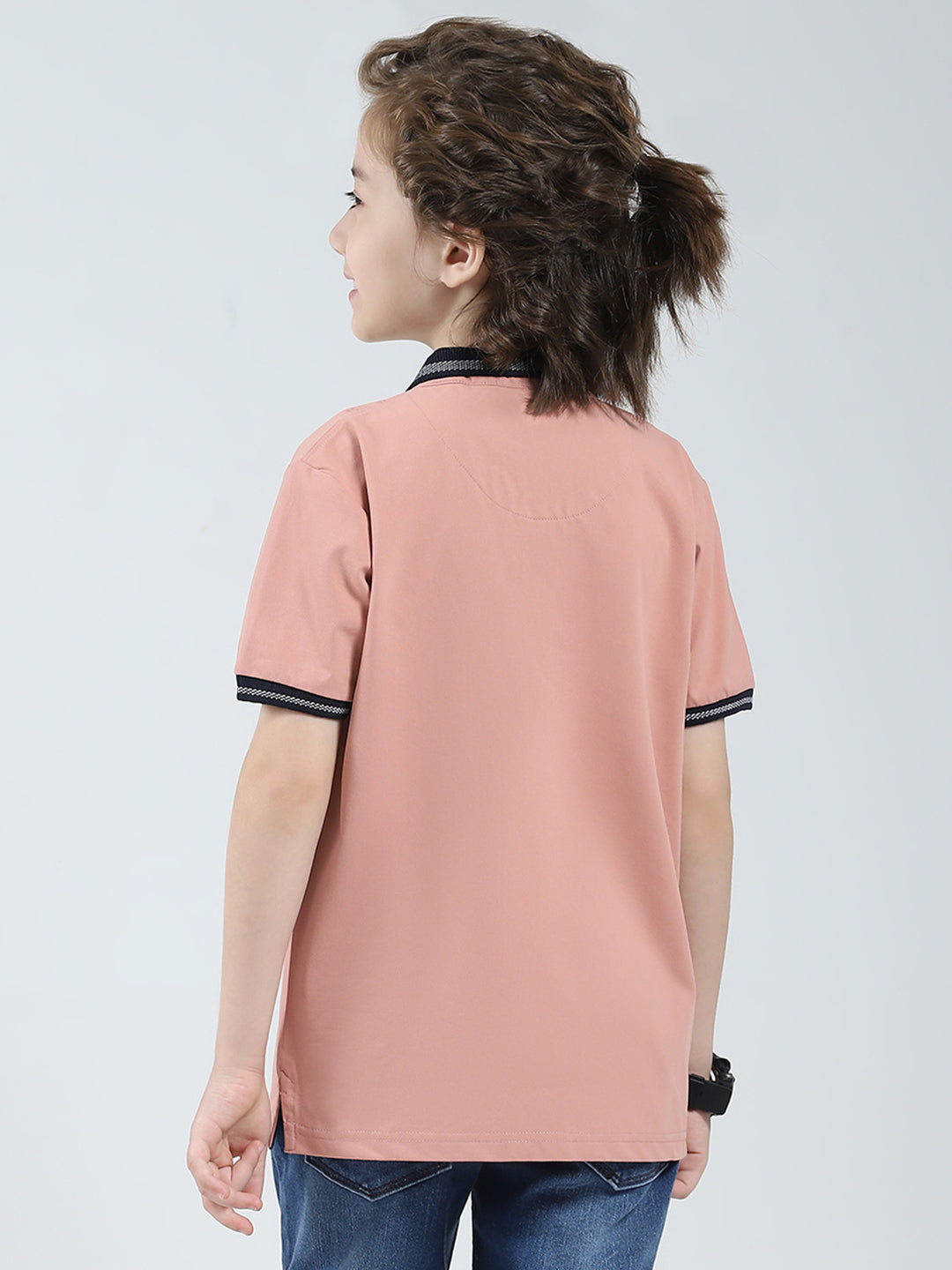 Boys Peach Printed Collar Half Sleeve T-Shirt