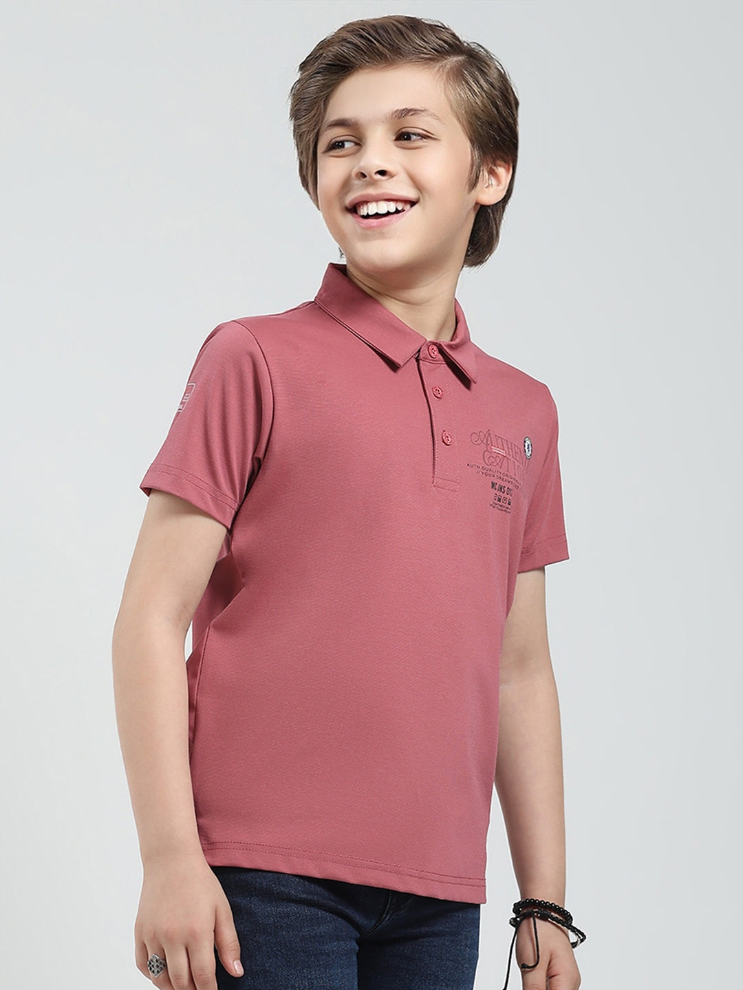 Boys Pink Printed Collar Half Sleeve T-Shirt