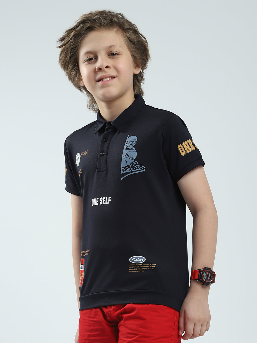 Boys Navy Blue Printed Collar Half Sleeve T-Shirt