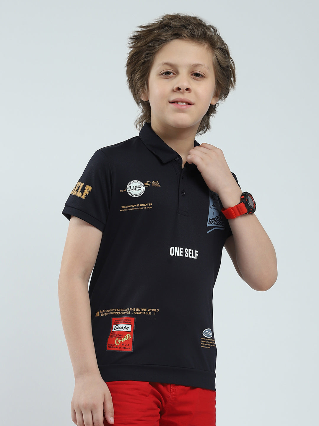 Boys Navy Blue Printed Collar Half Sleeve T-Shirt