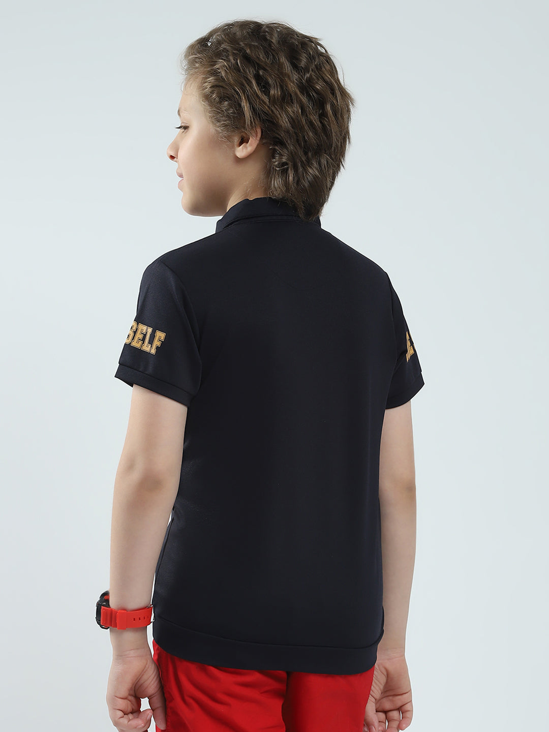 Boys Navy Blue Printed Collar Half Sleeve T-Shirt