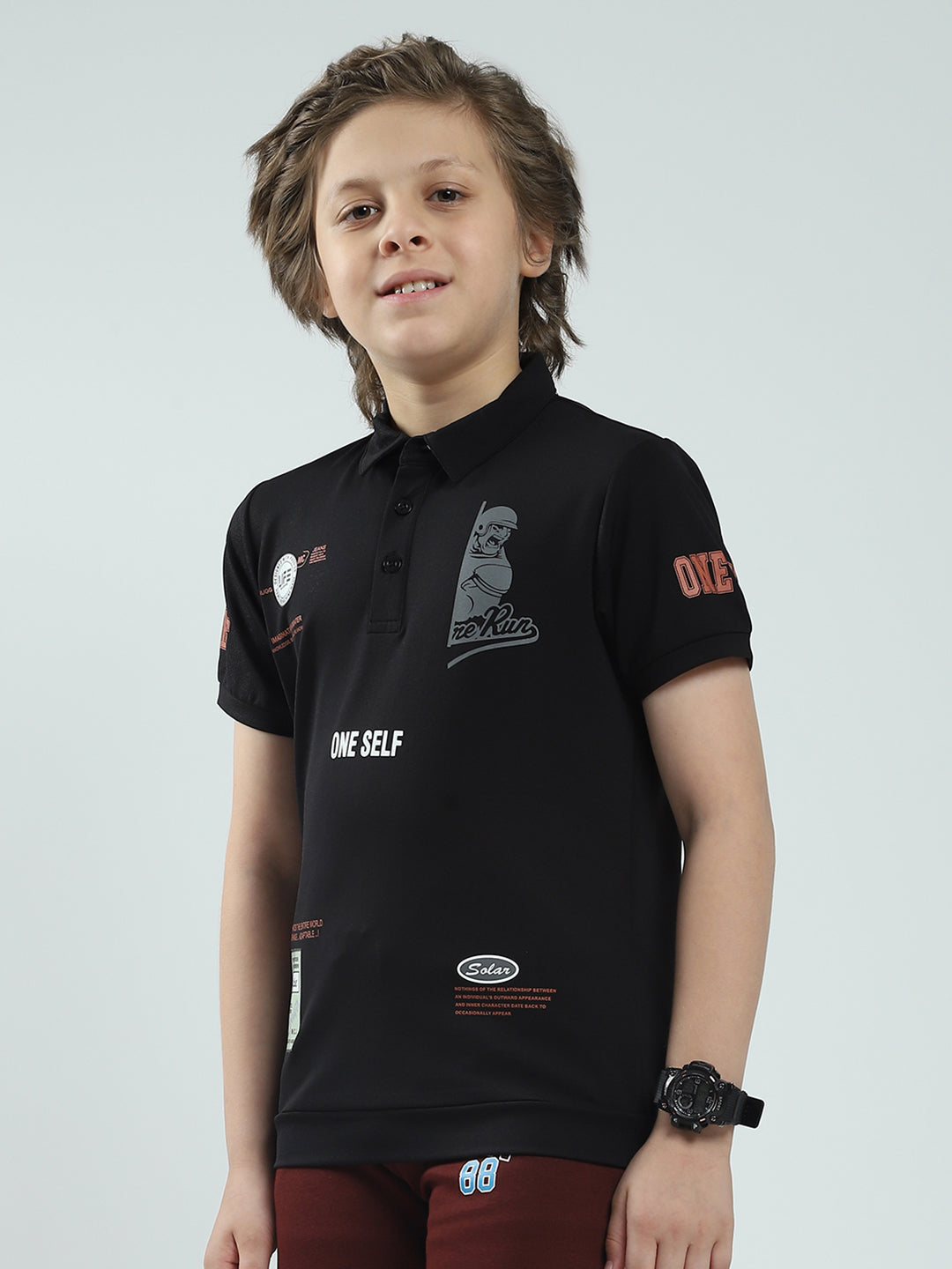 Boys Black Printed Collar Half Sleeve T-Shirt