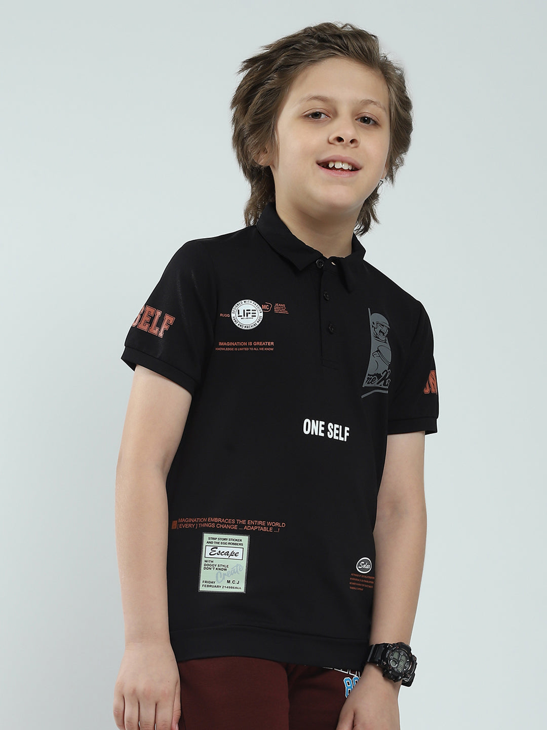 Boys Black Printed Collar Half Sleeve T-Shirt