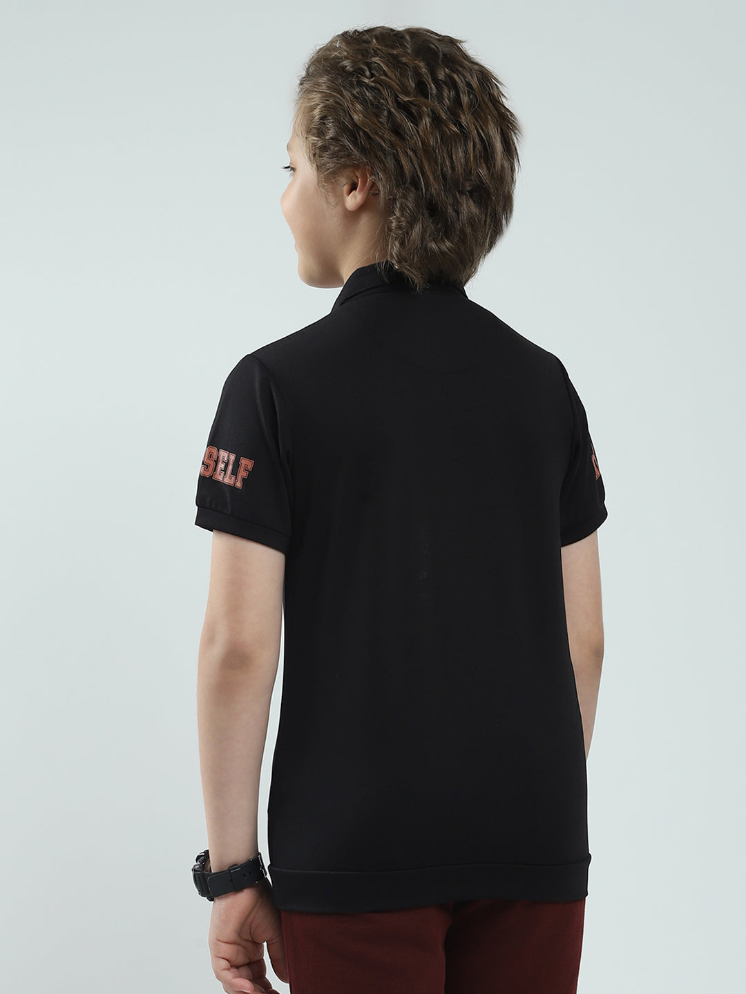 Boys Black Printed Collar Half Sleeve T-Shirt