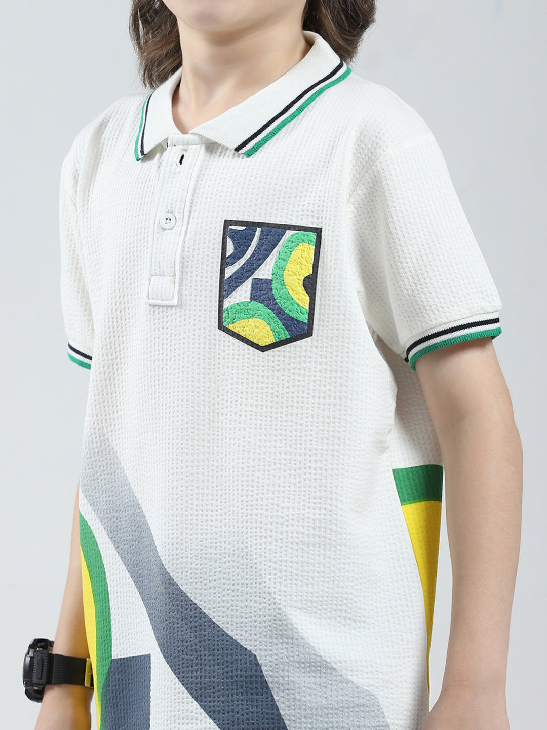 Boys White Printed Collar Half Sleeve T-Shirt
