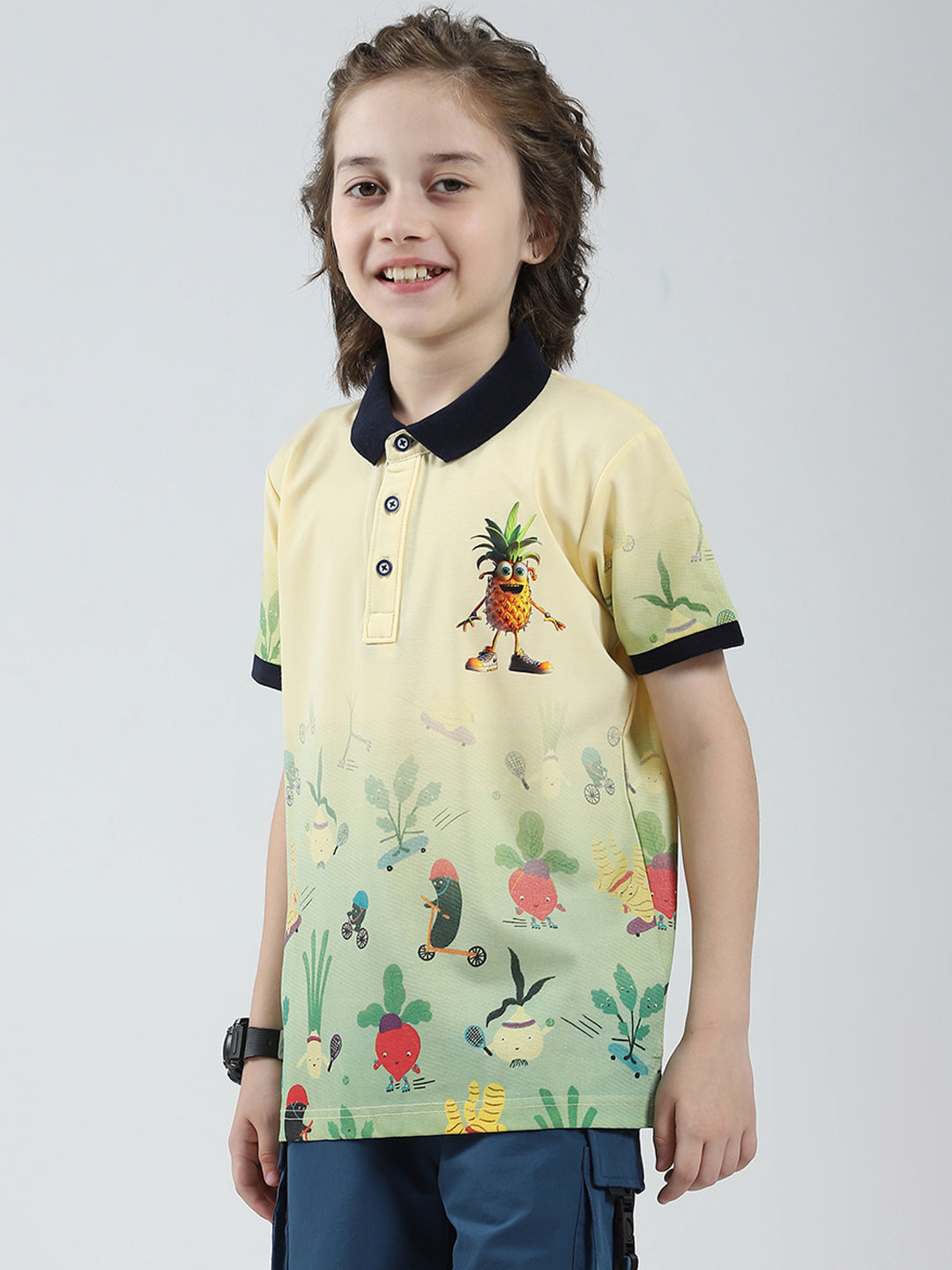 Boys Yellow Printed Collar Half Sleeve T-Shirt