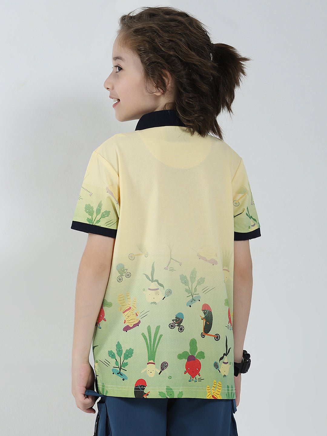 Boys Yellow Printed Collar Half Sleeve T-Shirt