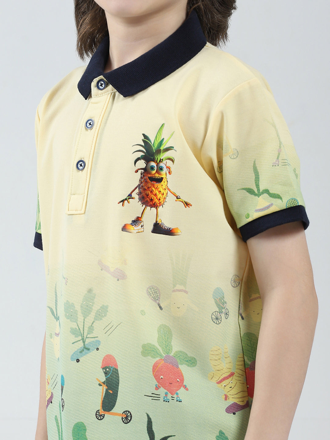 Boys Yellow Printed Collar Half Sleeve T-Shirt