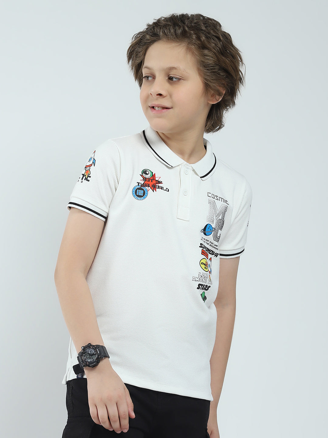 Boys White Printed Collar Half Sleeve T-Shirt