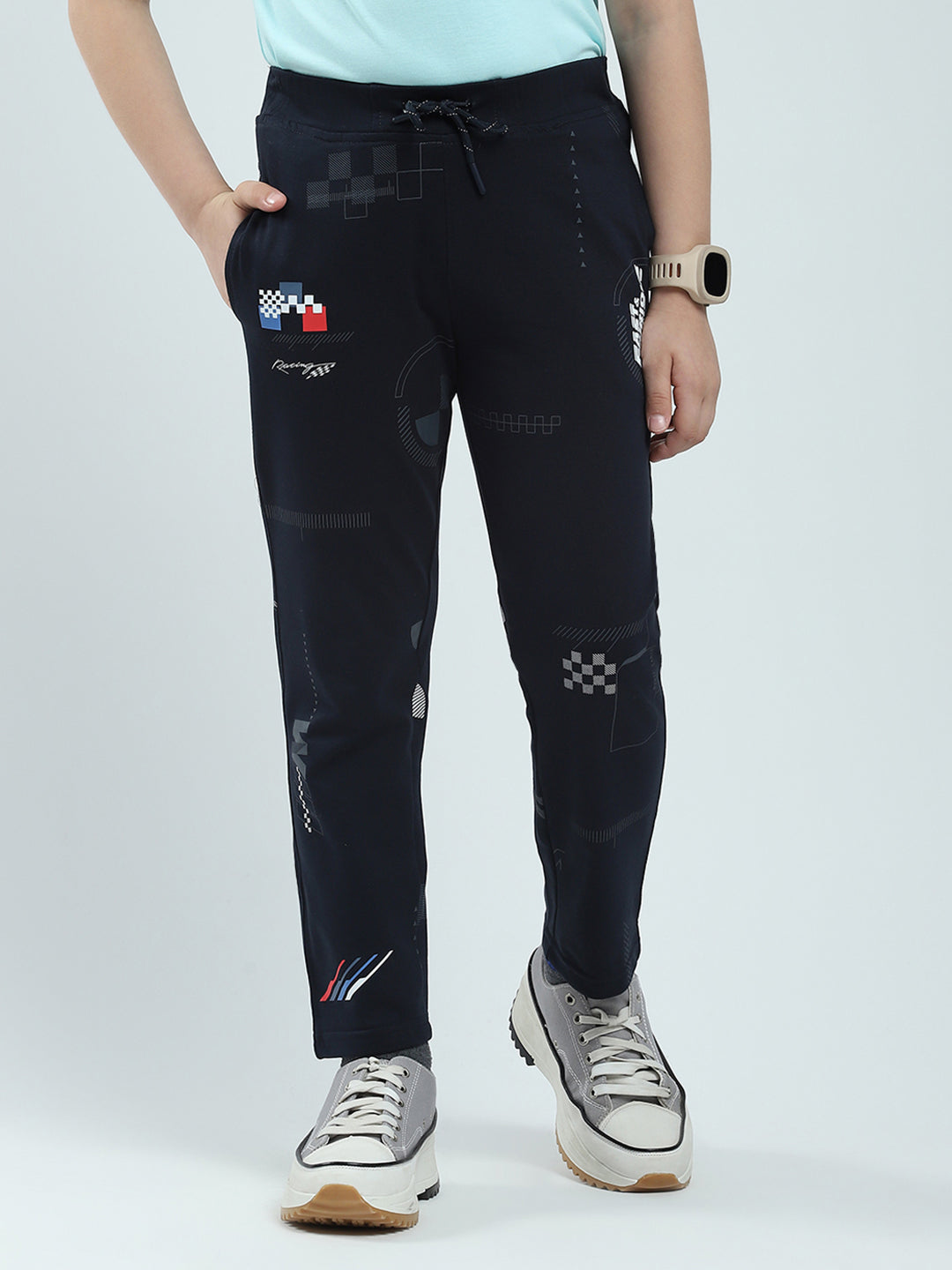 Boys Navy Blue Printed Regular Fit Lower