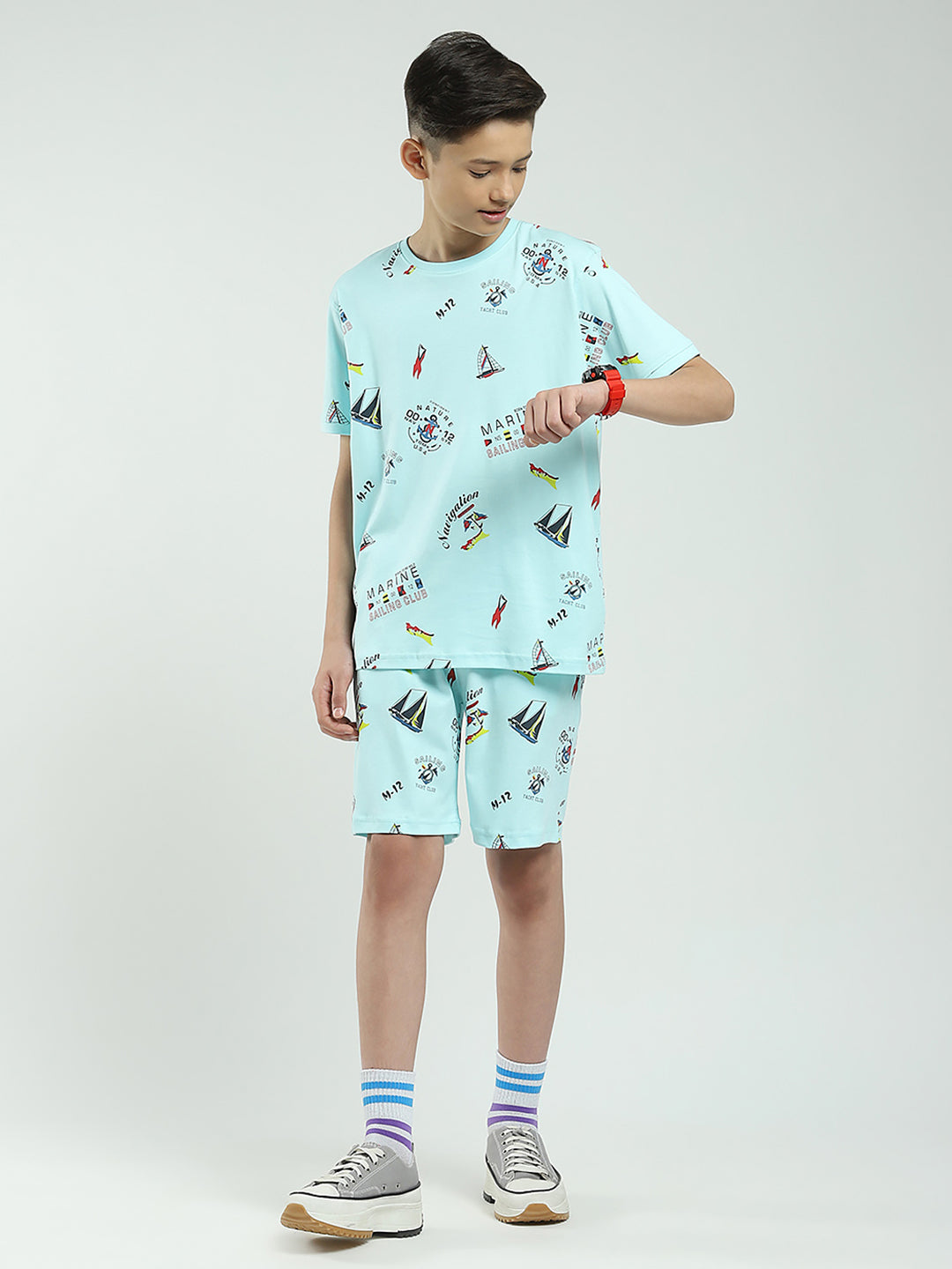 Boys Blue Printed Round Neck Half Sleeve Bermuda Set