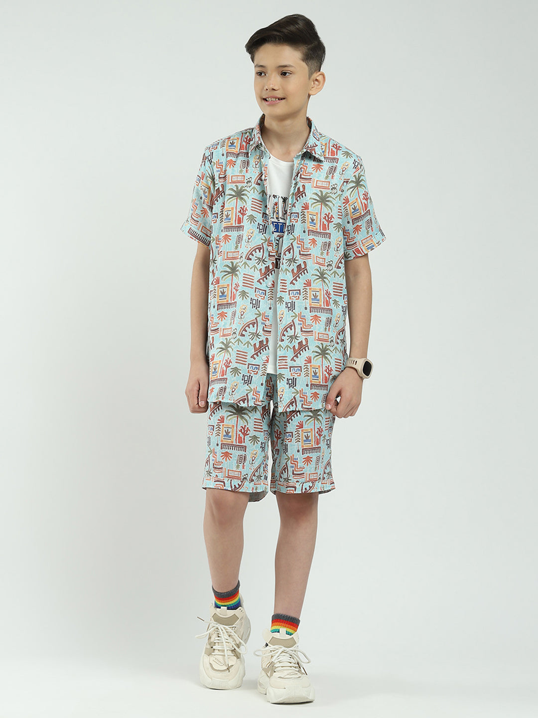 Boys Blue Printed Collar Half Sleeve Cords Set