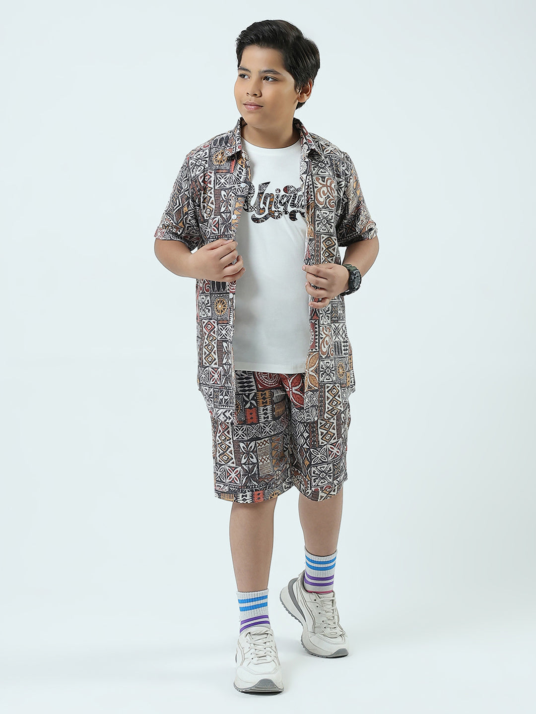 Boys Navy Blue Printed Collar Half Sleeve 3 Pcs Cords Set