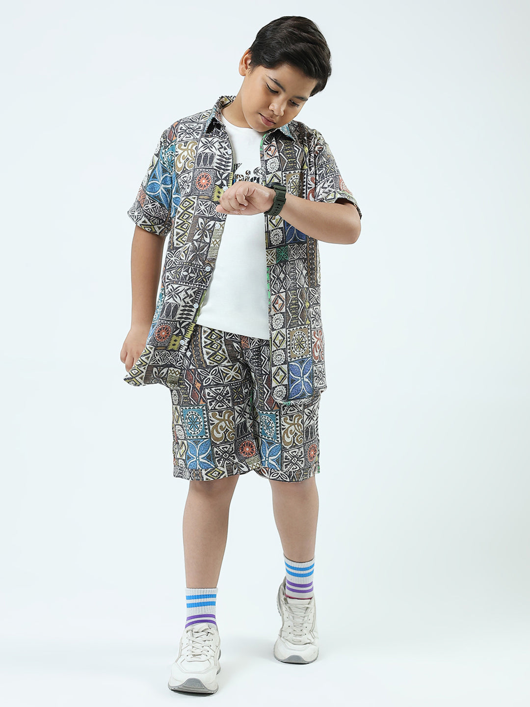 Boys Blue Printed Collar Half Sleeve 3 Pcs Cords Set