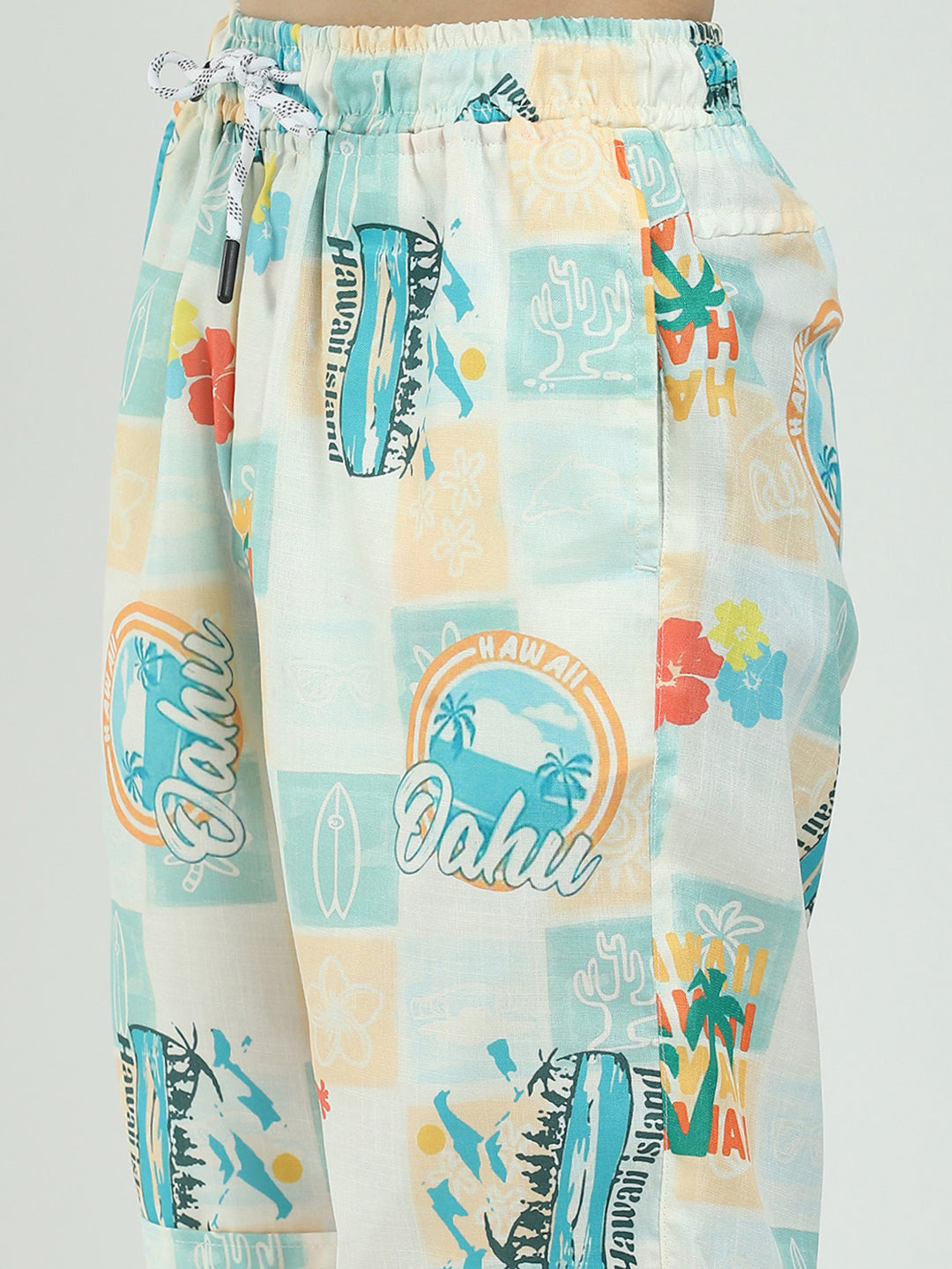 Boys Green Printed Collar Half Sleeve Cords Set