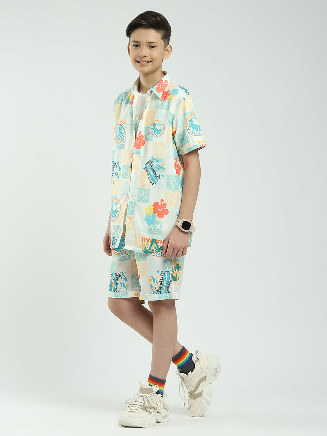 Boys Green Printed Collar Half Sleeve Cords Set