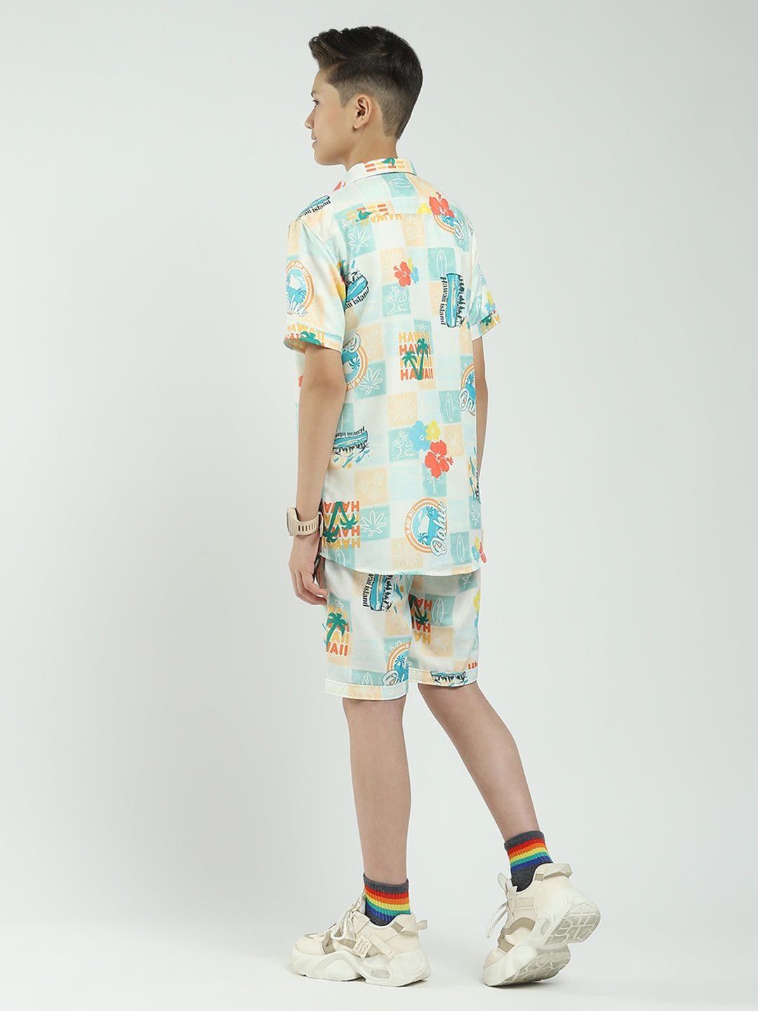 Boys Green Printed Collar Half Sleeve Cords Set