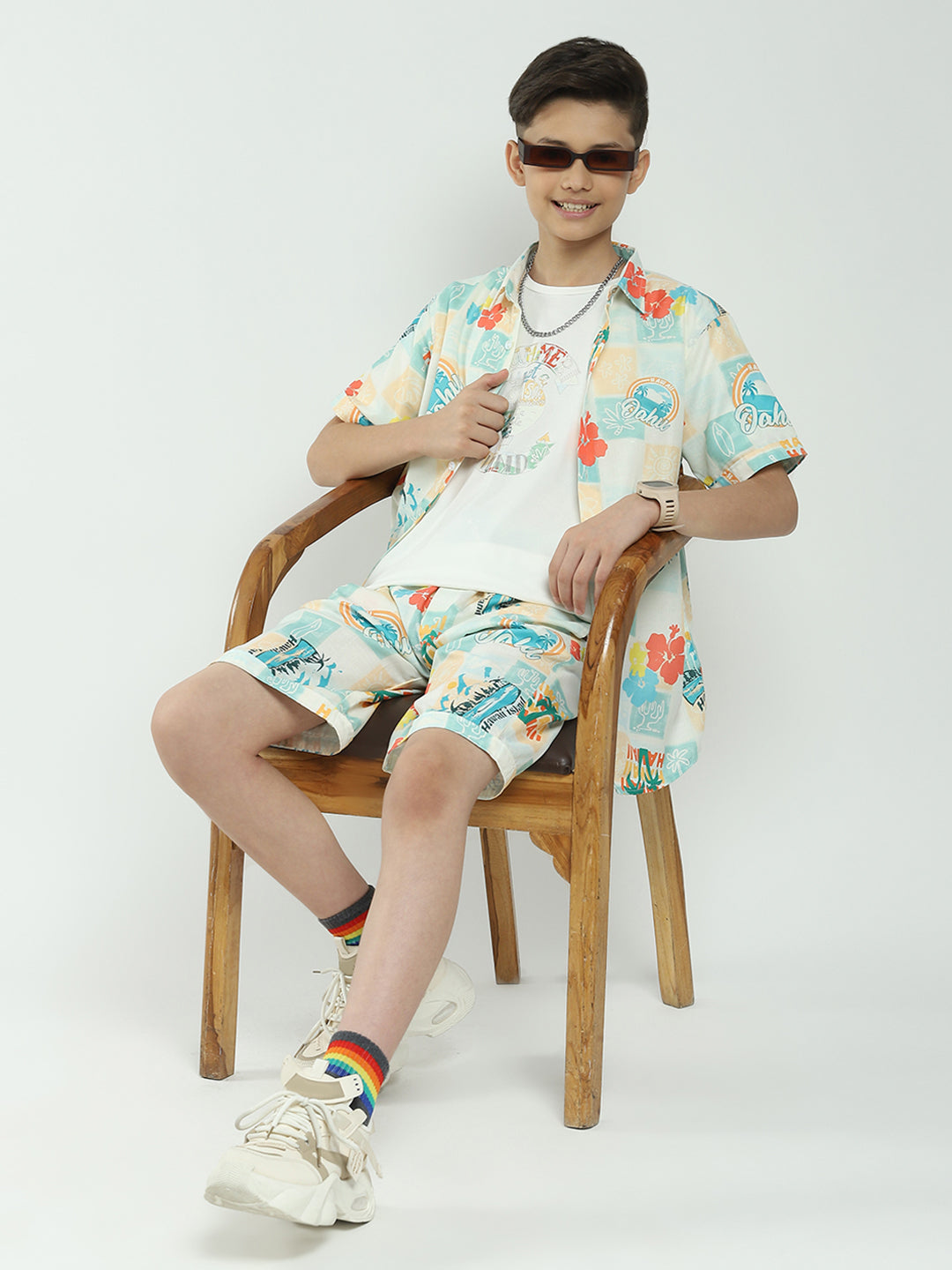 Boys Green Printed Collar Half Sleeve Cords Set