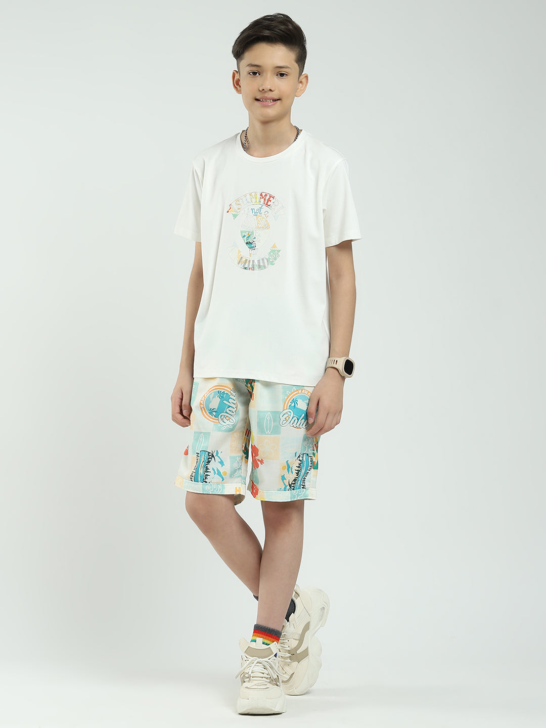 Boys Green Printed Collar Half Sleeve Cords Set
